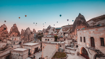 Hot air balloon flying over rock landscape at Cappadocia Turkey