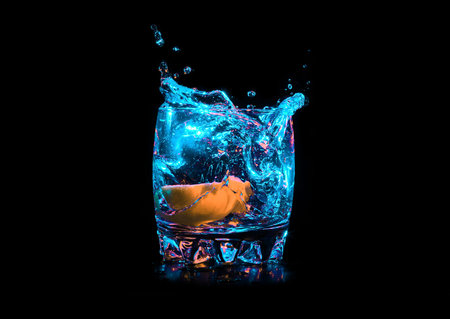 Colorful cocktail with lemon slice on the black background