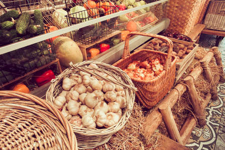Variety of fresh fruits and vegetables in boxesの写真素材