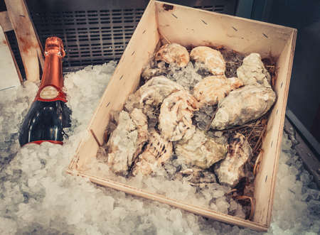 Wine bottle and oysters in box laying in fridge with iceの写真素材