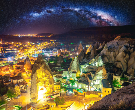 Ancient town and castle of Uchisar dug mountains, Cappadocia at night, Turkeyの写真素材