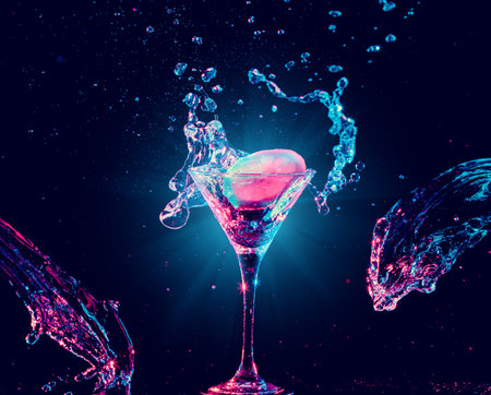 Colourful cocktail in glass with splash on the dark backgroundの写真素材