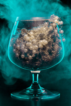 jewelry cocktail. Glass full of various jewelry on black background with smokeの写真素材