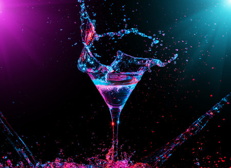 Colourful cocktail in glass with splash on the dark backgroundの写真素材