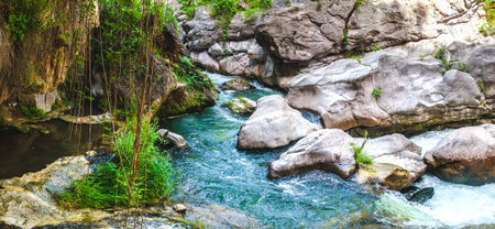 View of beautiful mountain waterfallの写真素材