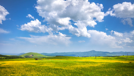 Green meadow, hills and blue sky with clouds. Exploring Armenia
