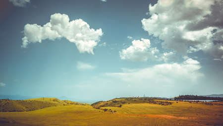 Golden hills and blue sky with clouds. Exploring Armeniaの写真素材