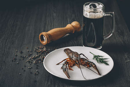Food concept. Big fresh alive crayfish on white plate with green herbs in restaurant. Dark beer in glass and pepper grains around. Gray wooden background. Instagram vintage toning effect. Copy space.の写真素材