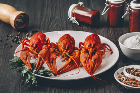 Three boiled fresh crawfish in white plate with green herbs. Salt bowl, sauce jars and pepper grains around. Gray wooden background. vintage toning effect.の写真素材