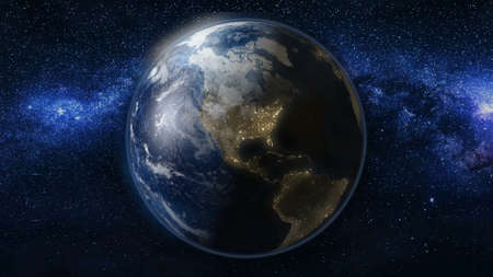 Planet Earth in black Universe of stars. Milky Way in the background. Day and night city lights. North and South America zone. High detailed 3D Animation. Elements of this image furnished by NASAの写真素材