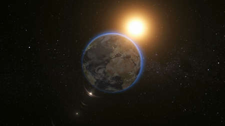 Space view on Planet Earth and Sun Star rotating on its axis in black Universe. Seamless loop with day and night city lights change.の写真素材
