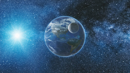 Sunrise view from space on Planet Earth and Moon rotating in space. Blue sky Milky Way with thousand...