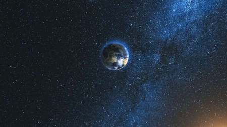 Space view on Planet Earth and Sun Star rotating on its axis in black Universe. Milky Way in the background. Seamless loop with day and night city lights change. Elements of image furnished by NASAの写真素材