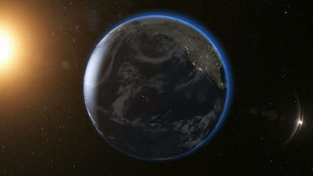 Space view on Planet Earth and Sun Star rotating on its axis in black Universe. Seamless loop with day and night city lights change. Astronomy and science concept.の写真素材