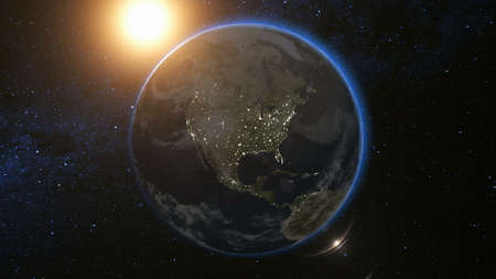 Space view on Planet Earth and Sun Star rotating on its axis in black Universe. Seamless loop with day and night city lights change. Astronomy and science concept.の写真素材