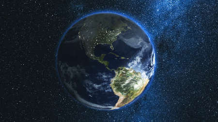 Realistic Earth Planet, rotating on its axis in space against the background of the Milky Way star sky. Astronomy and science concept. Continents and oceans.の写真素材