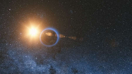 Space view on Planet Earth and Sun Star rotating on its axis in black Universe. Milky Way in the background. Seamless loop with day and night city lights change.の写真素材