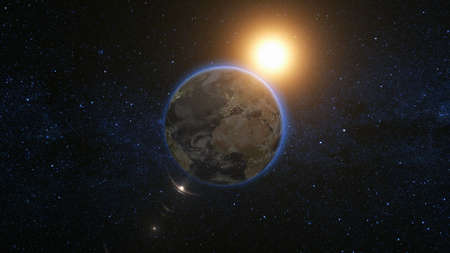 Space view on Planet Earth and Sun Star rotating on its axis in black Universe. Seamless loop with day and night city lights change. Astronomy and science conceptの写真素材