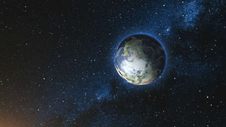 Space view on Planet Earth and Sun Star rotating on its axis in black Universe. Milky Way in the background. Seamless loop with day and night city lights change.の写真素材