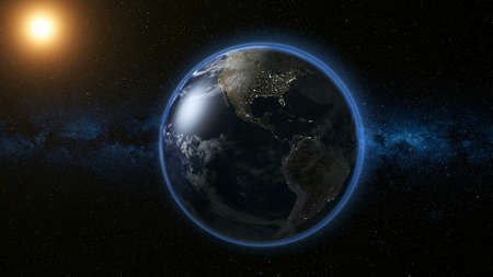Space view on Planet Earth and Sun Star rotating on its axis in black Universe. Seamless loop with day and night city lights change. Astronomy and science conceptの写真素材
