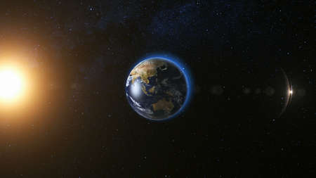 Space view on Planet Earth and Sun Star rotating on its axis in black Universe. Seamless loop with day and night city lights change. Astronomy and science concept.の写真素材