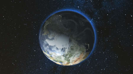 Realistic Earth Planet, rotating on its axis in space against the background of the star sky. Seamless loop. Astronomy and science concept. Night city lights.の写真素材
