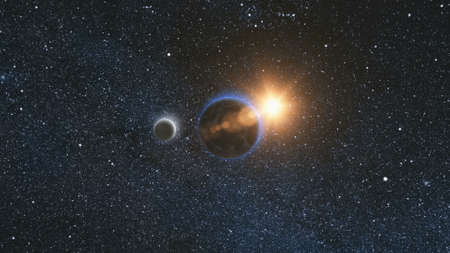 Sunrise view from space on Planet Earth and Moon rotating in space against the background of the star sky and the Sun. Seamless loop. Astronomy and science concept.の写真素材