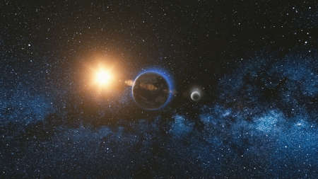 Sunrise view from space on Planet Earth and Moon rotating in space. Blue sky Milky Way with thousand stars in the background. Astronomy and science concept.の写真素材