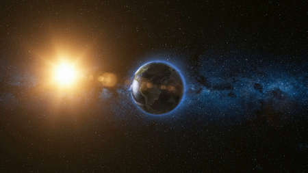 Space view on Planet Earth and Sun Star rotating on its axis in black Universe. Milky Way in the background. Seamless loop with day and night city lights change.の写真素材