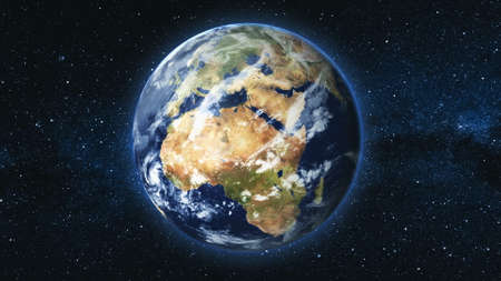 Realistic Earth Planet, rotating on its axis in space against the background of the Milky Way star sky. Astronomy and science concept. Continents and oceans. yの写真素材