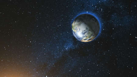 Space view on Planet Earth and Sun  rotating on its axis in black Universe. Milky Way in the background. Seamless loop with day and night city lights change.の写真素材