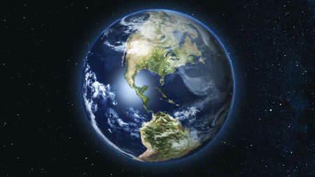 Realistic Earth Planet, rotating on its axis in space against the background of the  sky. Seamless loop. Astronomy and science concept. Night city lights.の写真素材