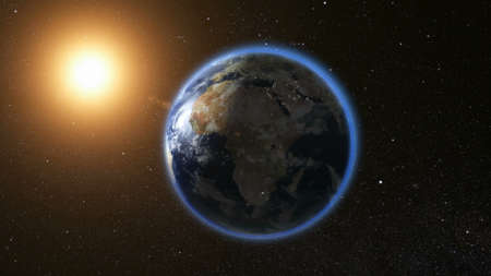 Space view on Planet Earth and Sun  rotating on its axis in black Universe. Seamless loop with day and night city lights change. Astronomy and science concept.の写真素材