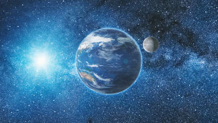 Sunrise view from space on Planet Earth and Moon rotating in space. Blue sky Milky Way with thousand stars in the background. Astronomy and science concept.の写真素材