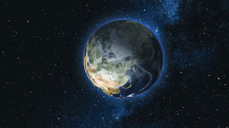 Realistic Earth Planet, rotating on its axis in space against the background of the Milky Way  sky. Astronomy and science concept. Continents and oceans.の写真素材