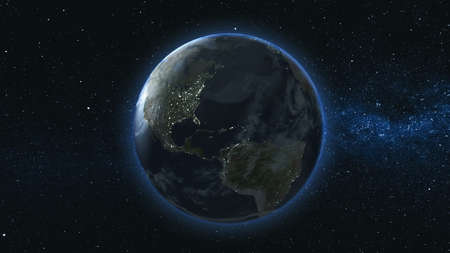 Realistic Earth Planet, rotating on its axis in space against the background of the Milky Way  sky. Astronomy and science concept. Continents and oceans.の写真素材