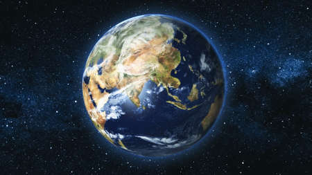 Realistic Earth Planet, rotating on its axis in space against the background of the Milky Way star sky. Astronomy and science concept. Continents and oceans. Elements of image furnished by NASAの写真素材