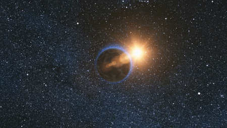 Space view on Planet Earth and Sun Star rotating on its axis in black Universe. Seamless loop with day and night city lights change. Astronomy and science concept.の写真素材