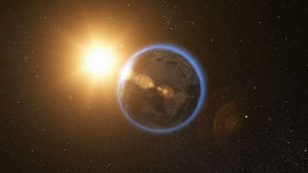 Space view on Planet Earth and Sun Star rotating on its axis in black Universe. Seamless loop with day and night city lights change. Astronomy and science concept.の写真素材
