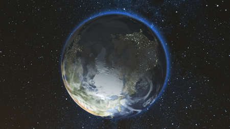 Realistic Earth Planet, rotating on its axis in space against the background of the star sky. Seamless loop. Astronomy and science concept. Night city lights.の写真素材