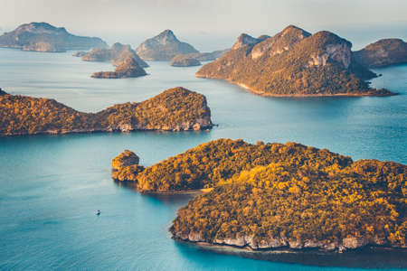 Archipelago, group oceanic islands. Landscape, oceanscape, Thailand. Amazing scenery the islands covered by the dense woods surrounded by the body of water. Mu Ko Ang Thong National Park.の写真素材