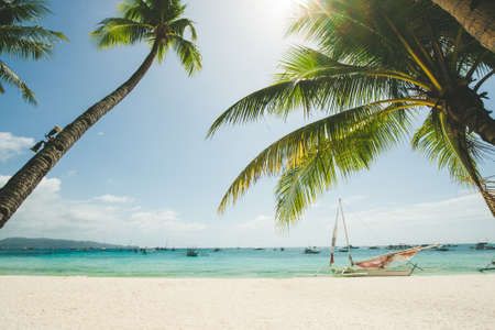 Perfect white sand beach in Boracay, Philippines. Coconut Palm trees against blue sky, boat in ocean. Sunny weather. Travel Background. Nature landscape. Holiday and recreation on exotic island resortの写真素材