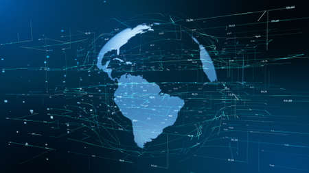 Earth Particle Motion Global Business Concept. Digital Hologram Futuristic Cyberspace Emit Dots Network Grid. Shine Planet Map Landscape Continents Surface Abstact Loop 3D Animationの写真素材