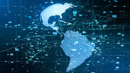 Particle Earth Digital Hologram Technology Concept. Futuristic Business Global Network Data Globe Map Cyberspace Background. Dots Rotation Network Grid Motion Abstact Loop 3D Animationの写真素材