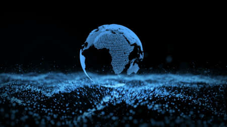 Earth Landscape Particle Business Background. Planet Rotation Future Digital Technology Global Universe Surface. Nebula Space Exploration World Map Concept 3D Renderの写真素材