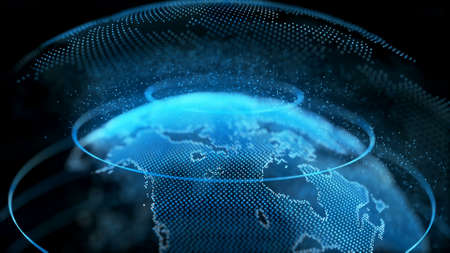 Motion Earth Digital Globe Transparent Surface. Planet Rotation Smaller Object Inside World Map Future Scientific Technology. Business Concept Universe Exploration Concept 3D Animationの写真素材