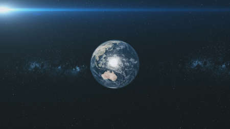 Spin Earth Orbit Meteor Glow Starry Background. Planet Fast Motion Universe Celestial Constellation World Map Deep Space Exploration Concept 3D Animationの写真素材