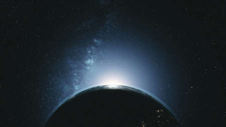 Majestic Rotate Earth Orbit Sunlight Glow Galaxy. Cosmos Interstellar Nebula Star Radiance Spin Planet Close up Satellite View Outer Space 3D Animationの写真素材