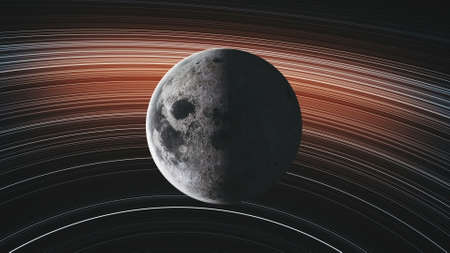 Moon Orbit Rotate Planet Close Up Spiral Galaxy. Celestial Object Map Side Lit Satellite View Galaxy Navigation Universe Exploration Concept 3D Animationの写真素材