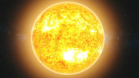 Sun Lit Earth Fast Motion Reduce Sight Zoom Out. Flare Sunlight Planet Starry Galaxy Deep Outer Space Navigation. Universe Exploration Concept 3D Animationの写真素材